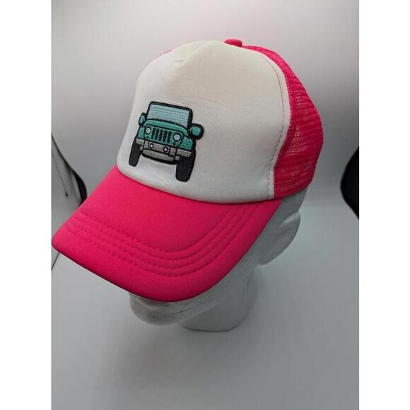 Vintage Trucker Baseball Hat Cap with Turquoise Jeep Design Pink OSFA - Picture 2 of 7